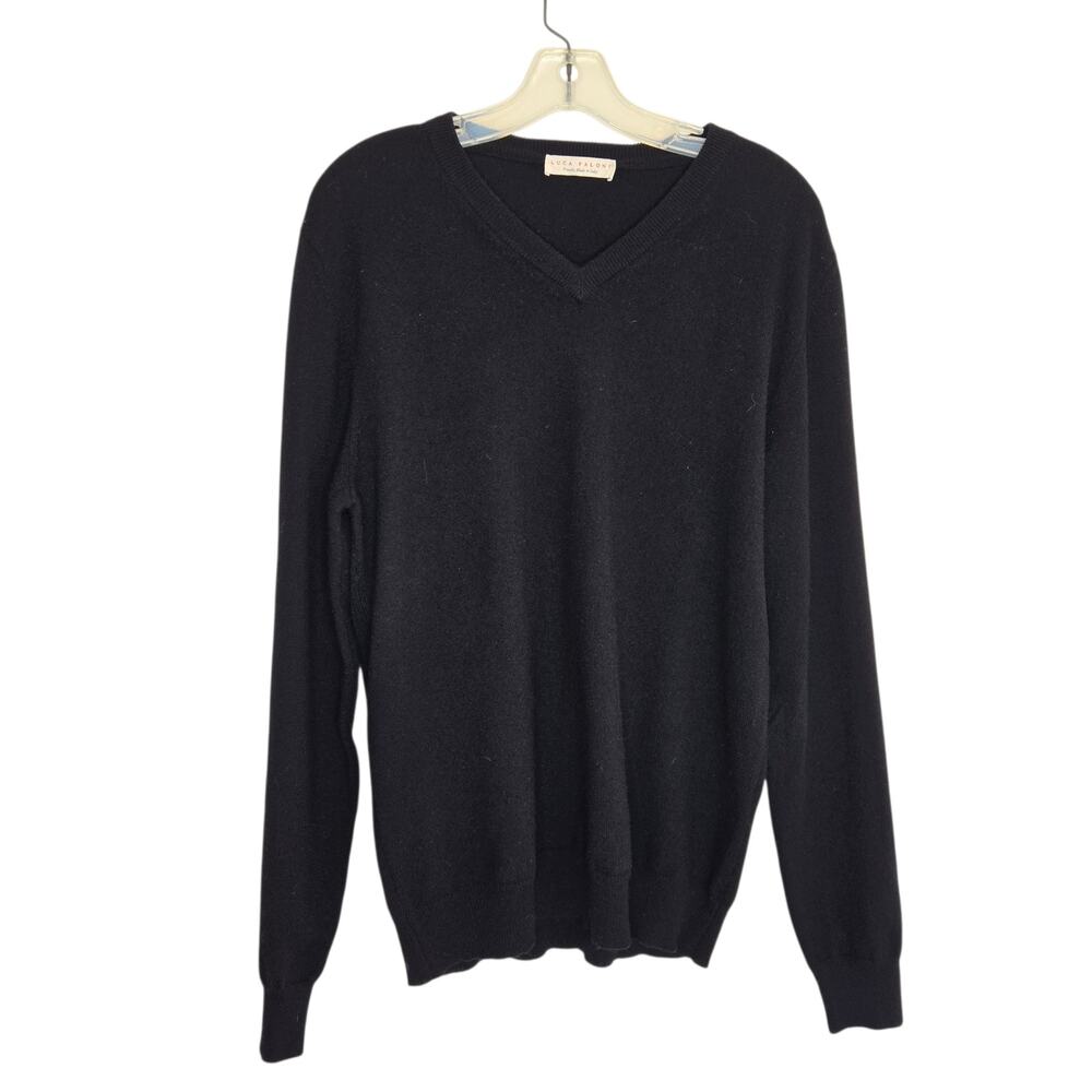Luca Faloni Cashmere Sweater Black Italy Lightweight V Neck Old Money Men XL